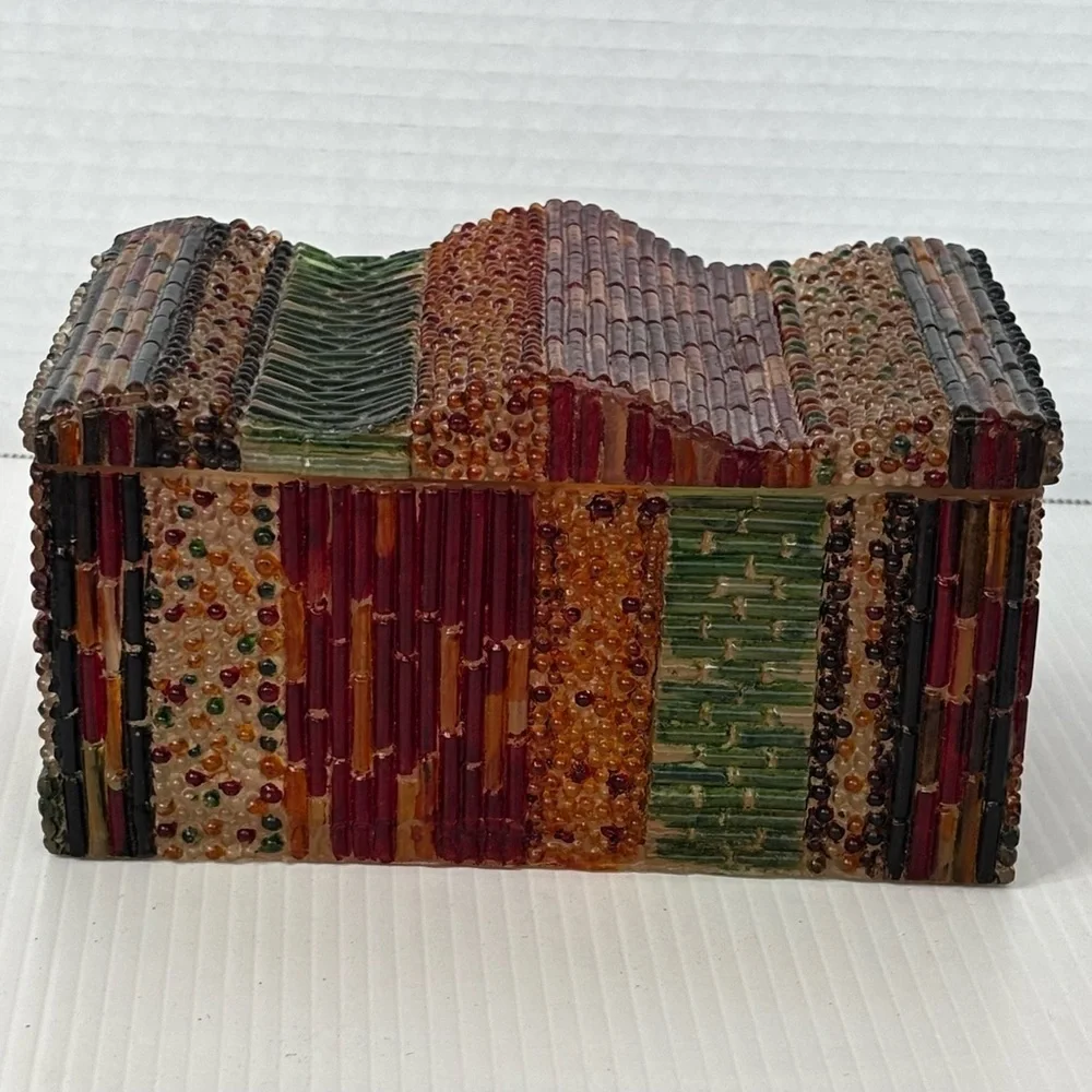 Vintage Beaded Box - Jewelry Trinket Box - Colorful Beads & Cylindrical Pieces
